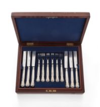 A boxed set of Victorian silver dessert knives and forks, Sheffield, 1847, John Oxley, The twelve...