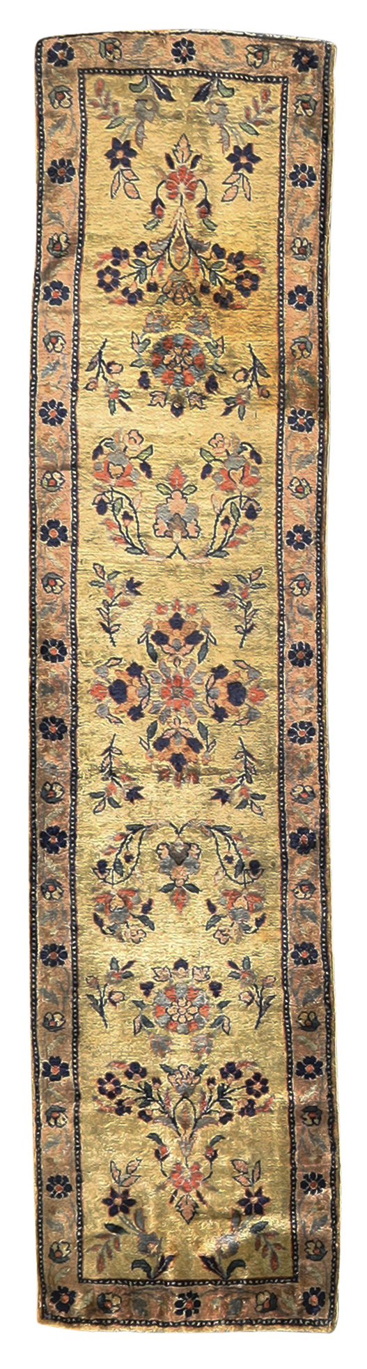 A Persian silk Kashan narrow runner, First quarter 20th century,  The central field with floral d...