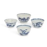 Four Chinese blue and white porcelain tea bowls and saucers, Qing dynasty, 18th century, The sauc...