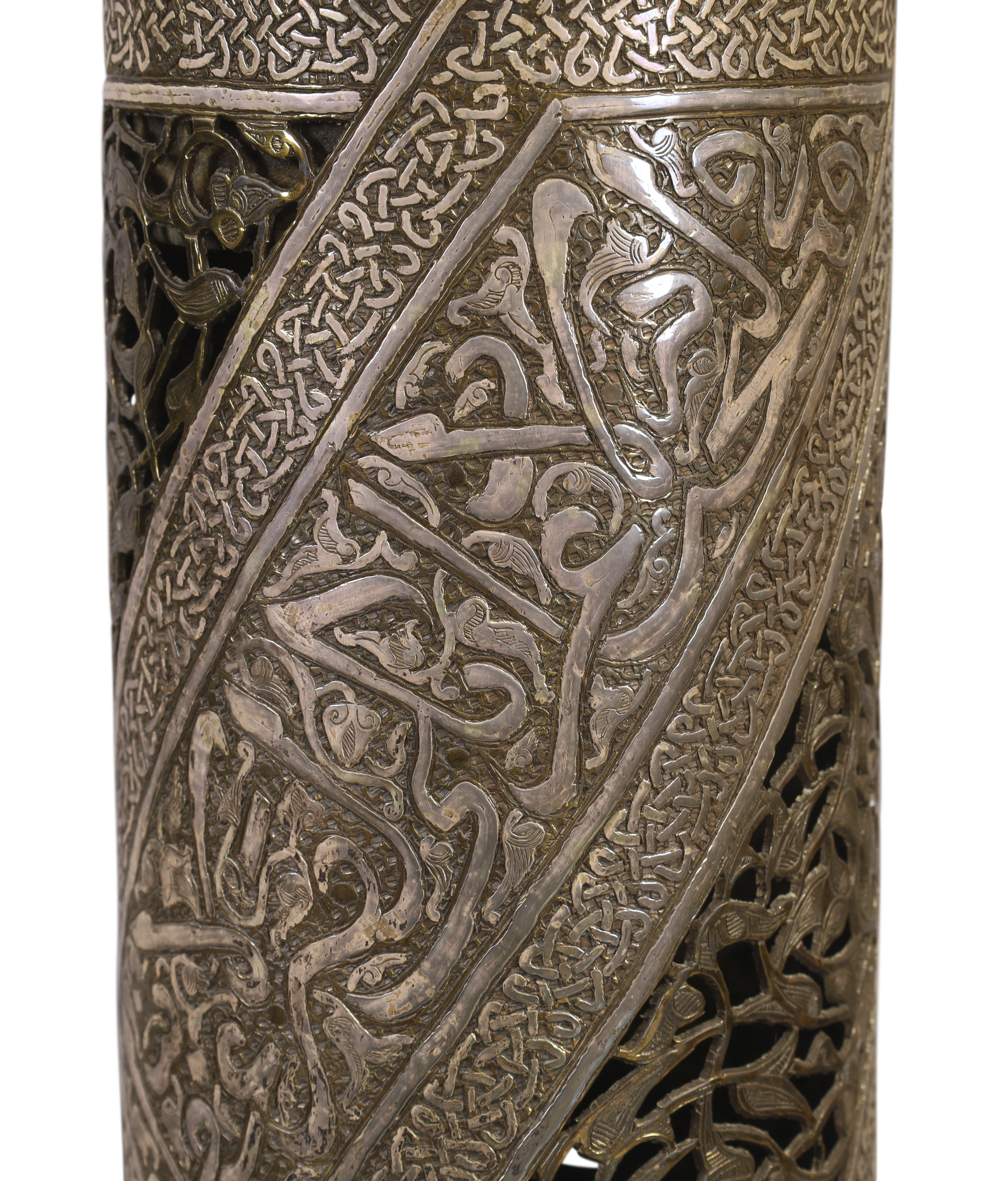 A silver inlaid brass mosque lampstand, Syria, late 19th century / early 20th century,  On circul... - Image 2 of 2