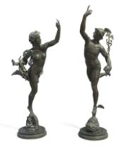 After Giambologna, Italian, 1529-1608, a pair of large bronze figures of Mercury and Fortuna, Nea...