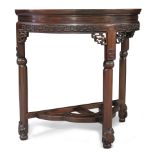 A Chinese hongmu demi-lune side table, Late Qing dynasty / Republic period, The top inset with bu...