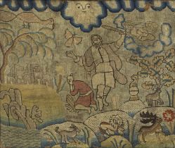A Charles II needlework panel of The Sacrifice of Isaac, Second half 17th century, Worked in wool...