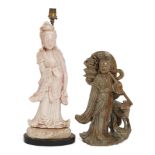 A Chinese soapstone carving of Xiwangmu and a rose quartz carving of Guanyin, 20th century, Xiwan...