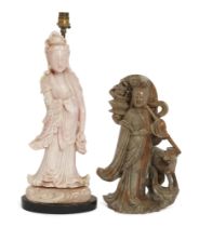 A Chinese soapstone carving of Xiwangmu and a rose quartz carving of Guanyin, 20th century, Xiwan...