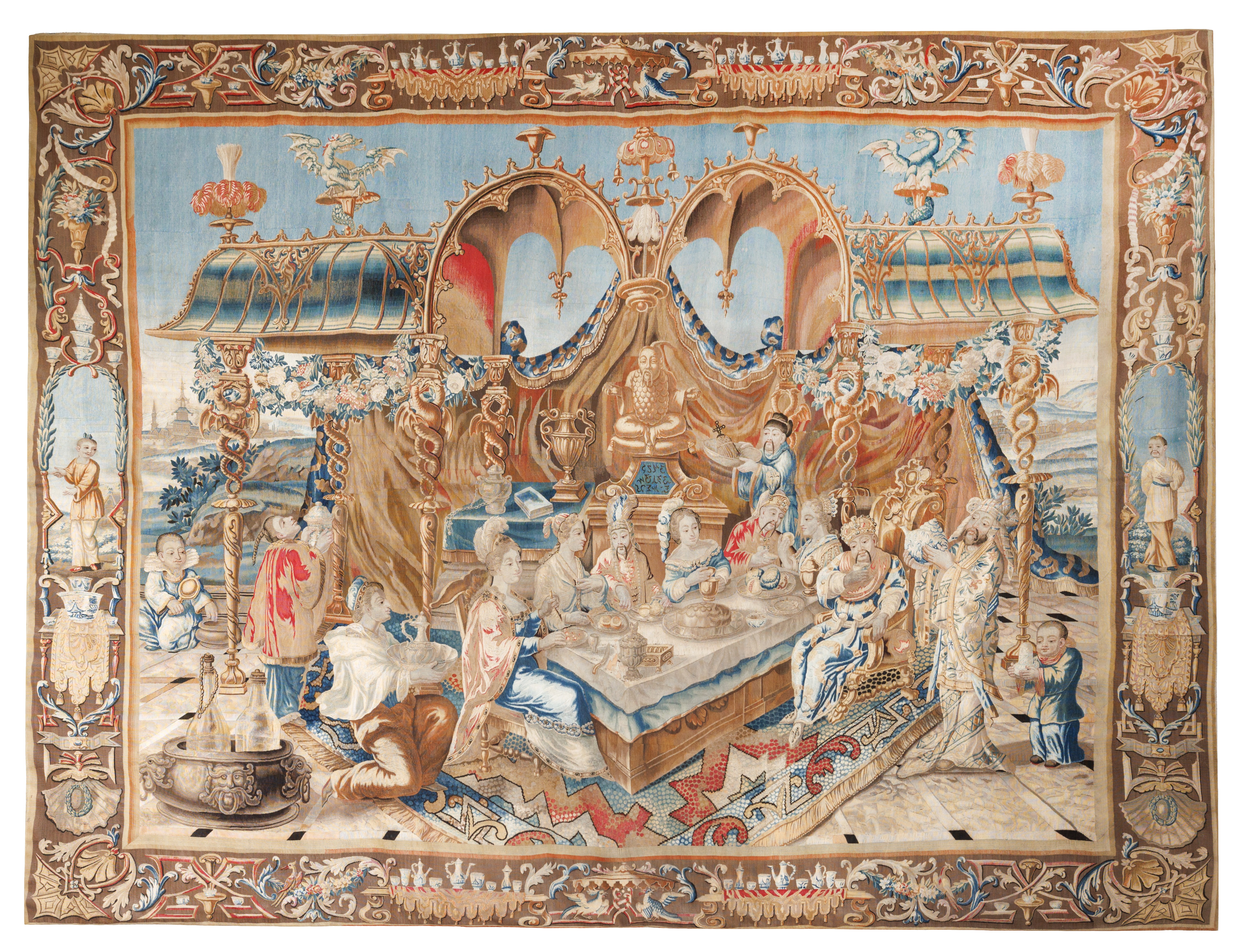 A fine and rare Berlin Chinoiserie tapestry of ‘The Emperor’s Banquet’ from the Grossmogulenfolge...