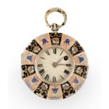 A gold and polychrome enamel pocket watch, Swiss, mid-19th century, Cylinder bar movement with gi...