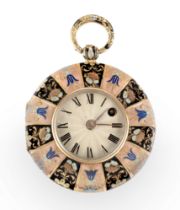 A gold and polychrome enamel pocket watch, Swiss, mid-19th century, Cylinder bar movement with gi...