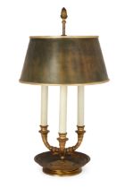 A French gilt-bronze bouillotte lamp, Early 20th century, With three branches, acorn finial and a...