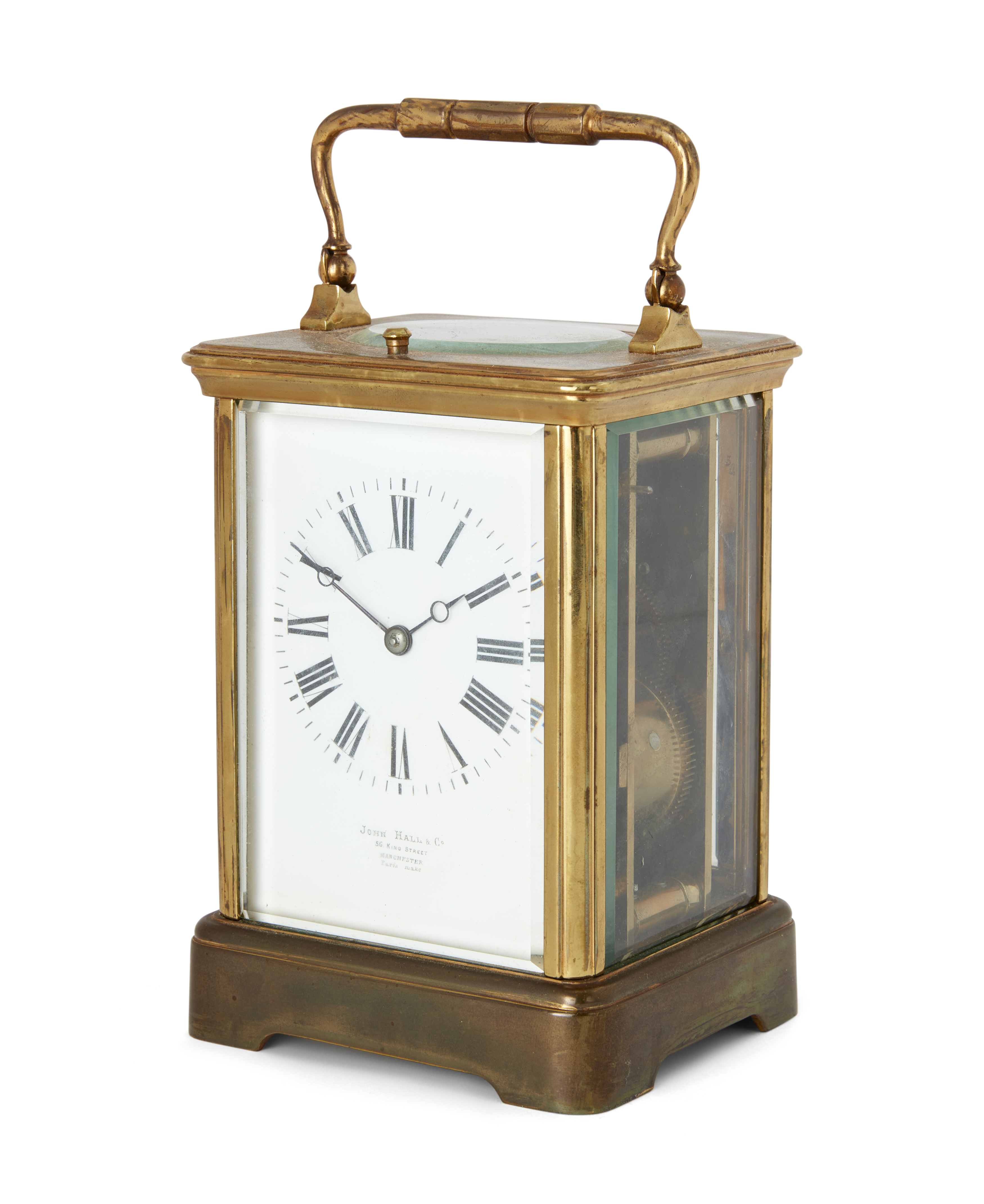 A French lacquered brass repeating carriage clock, Late 19th century, The case with swing handle ...