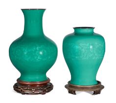 Two Japanese emerald green cloisonné-enamel baluster vases, By the Ando Jubei Company, Showa peri...