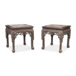 A pair of Chinese hongmu square stools,  Qing dynasty, 19th century, The square marble inset top ...