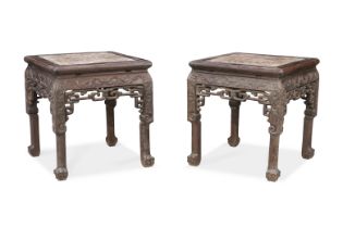 A pair of Chinese hongmu square stools,  Qing dynasty, 19th century, The square marble inset top ...