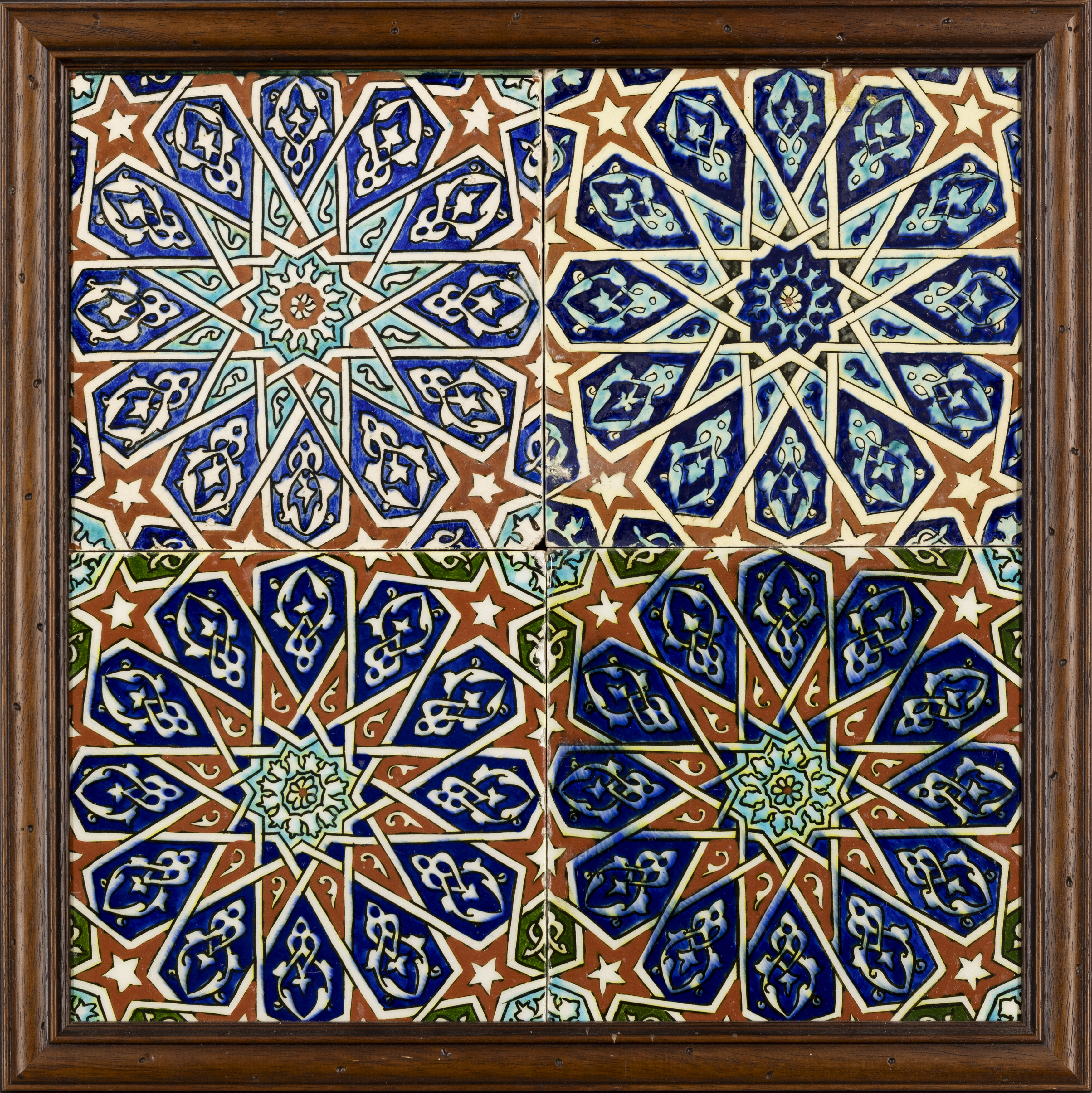 A framed geometric polychrome pottery tile panel, Turkey, 20th century, In the zelij style, four ... - Image 2 of 2