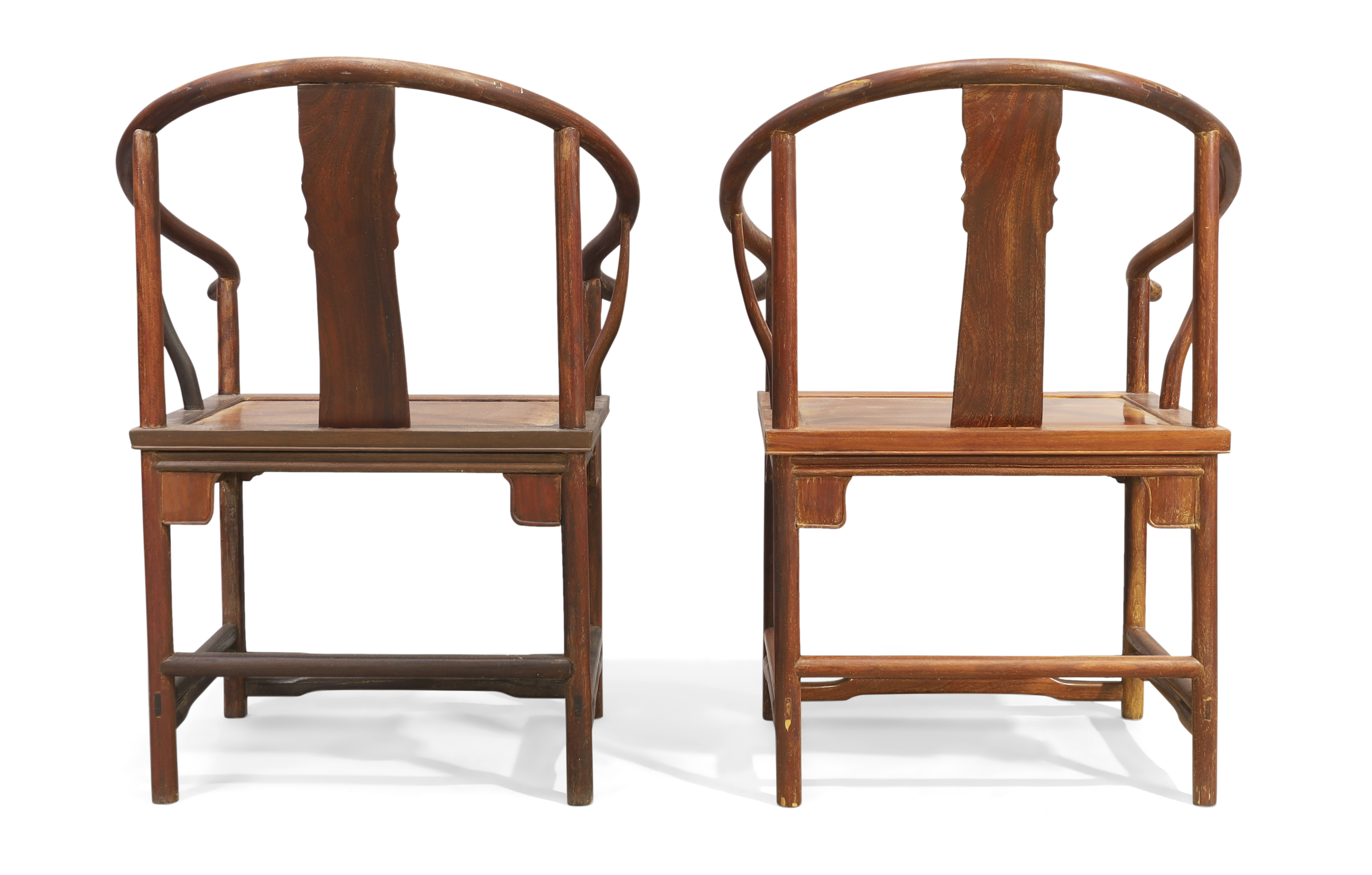 A pair of Chinese horseshoe backed armchairs, quanyi, Early 20th century, With central splat carv... - Image 3 of 3