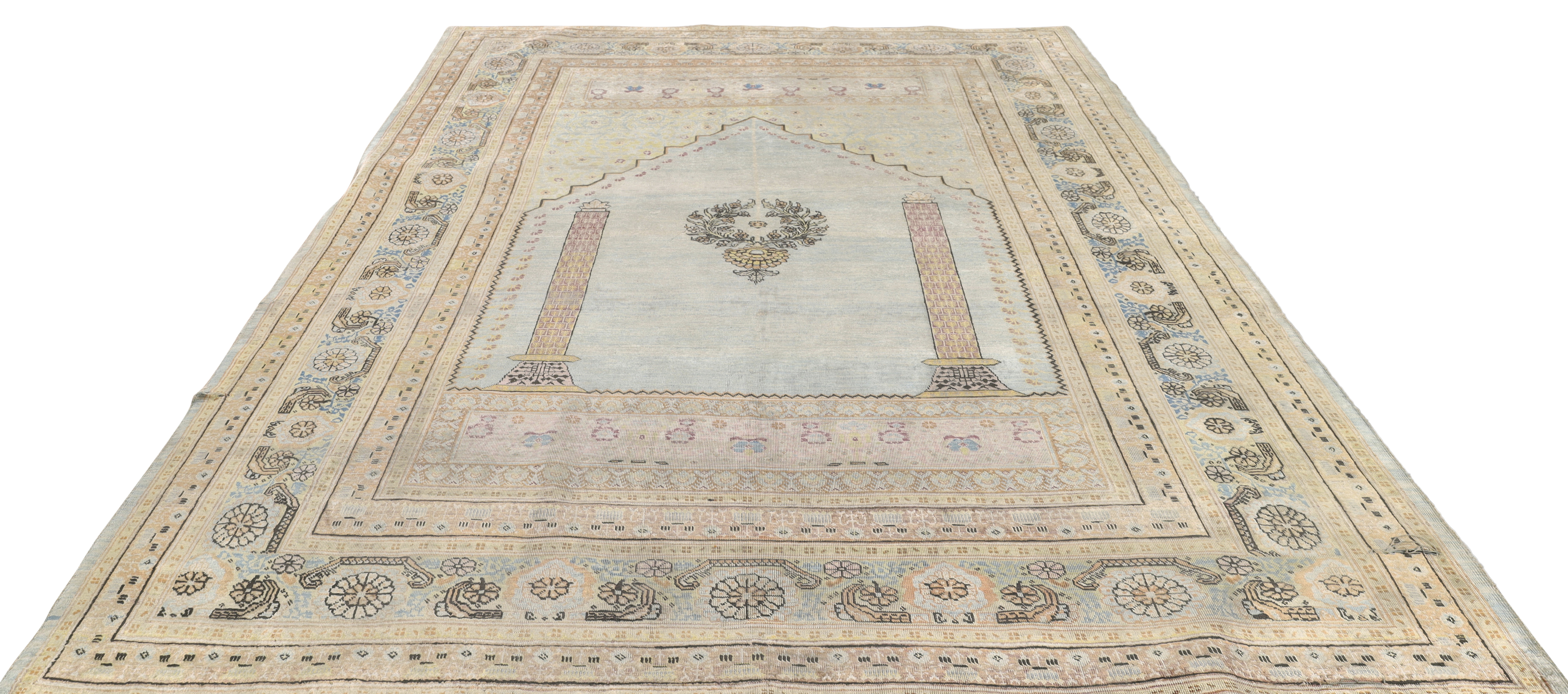 A Persian silk Tabriz prayer rug, Last quarter 19th century,  The mihrab field with central wreat... - Image 2 of 4