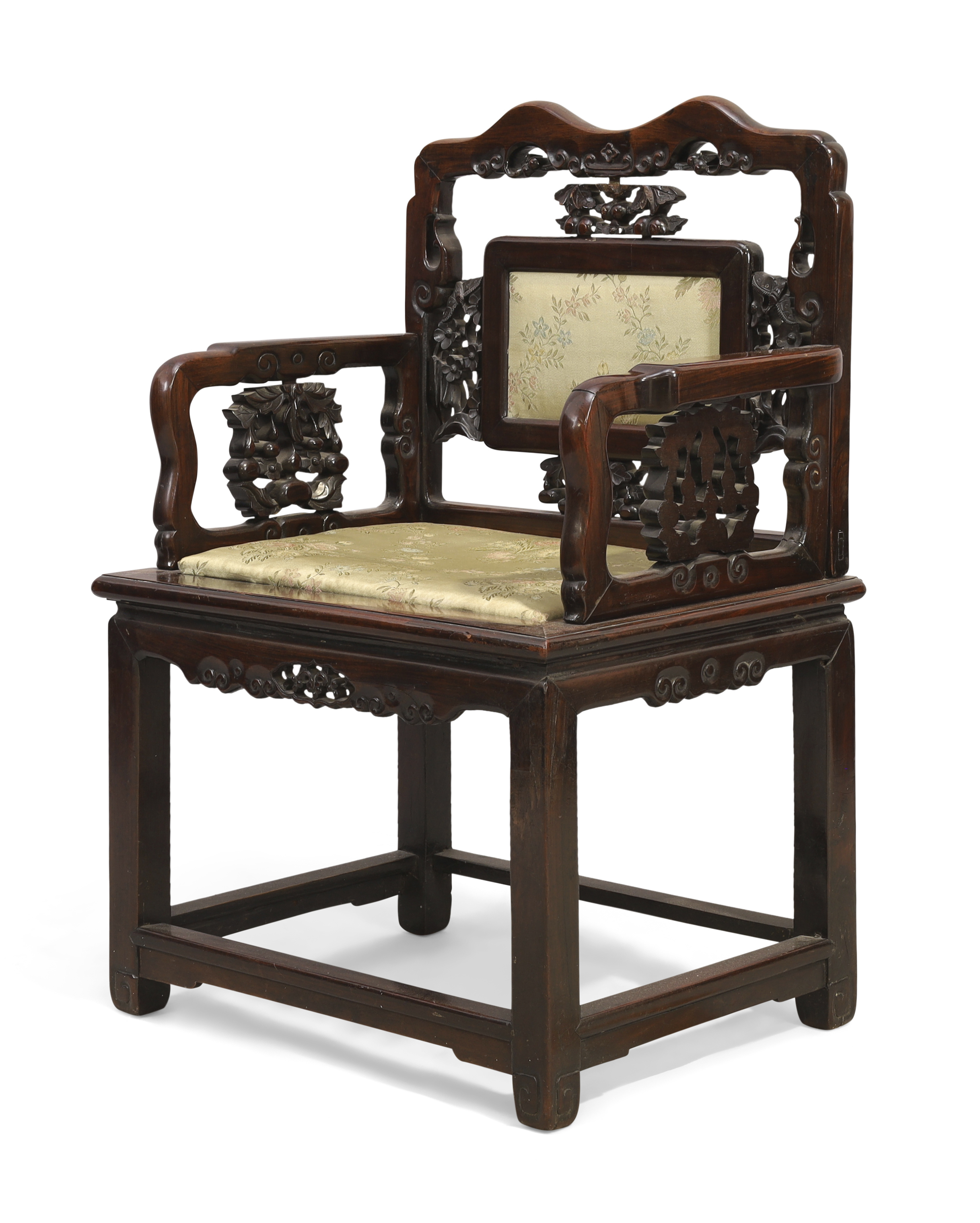 A Chinese hongmu armchair, Qing dynasty, 19th century, With carved and pierced panels to back and...