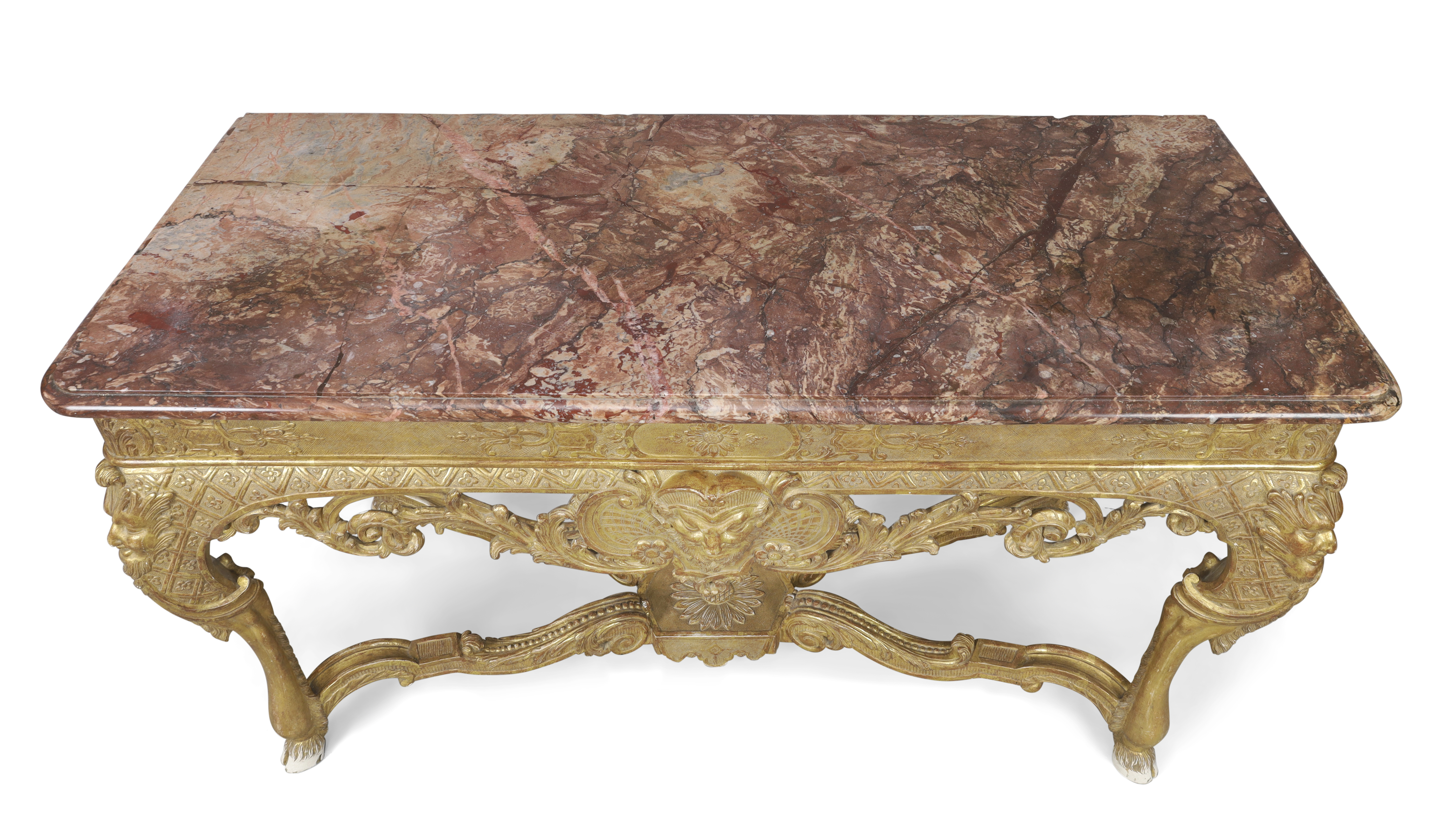 A Regence giltwood console table, First quarter 18th century, The marble top above carved frieze ... - Image 2 of 5