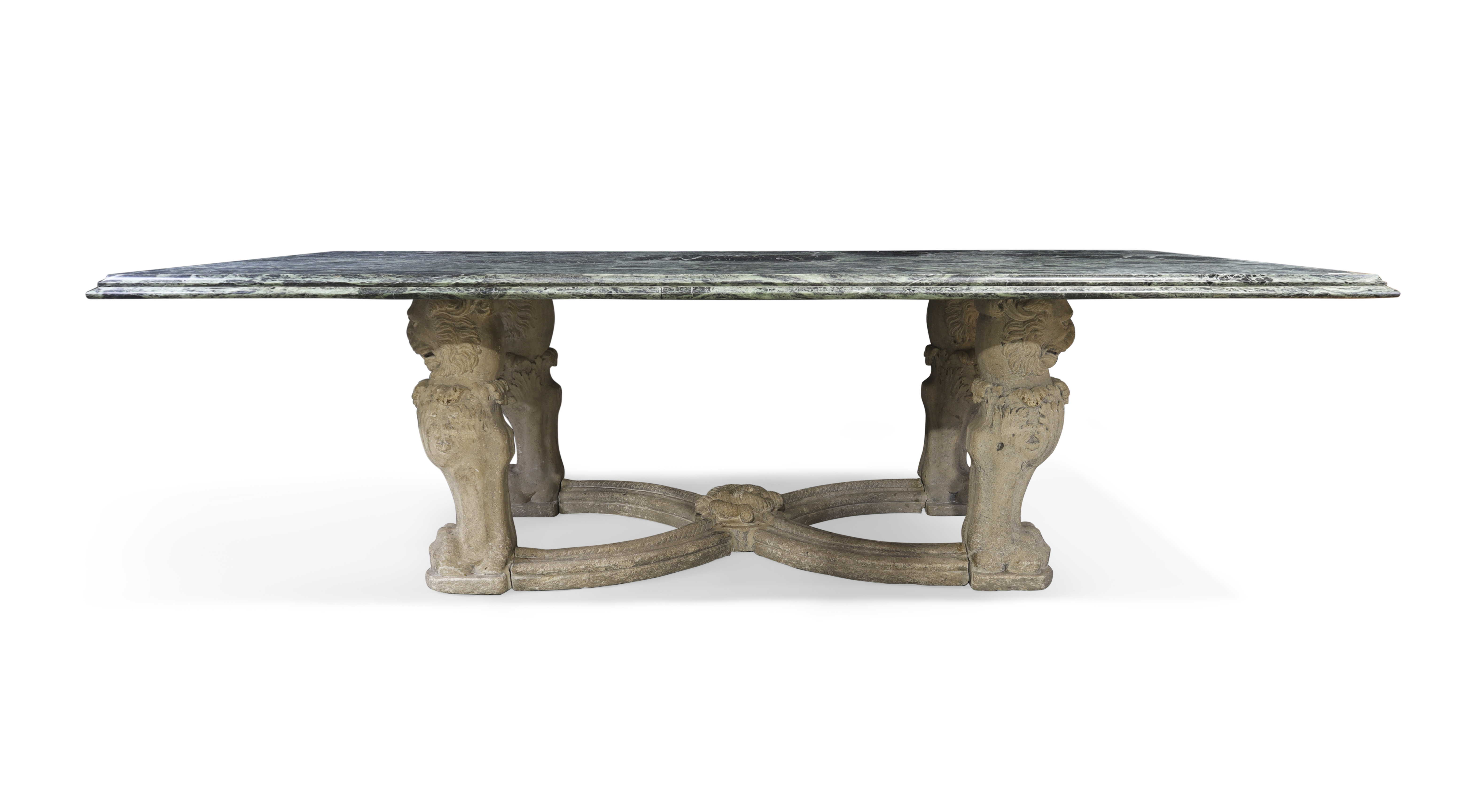 A French carved limestone table, Of 17th century style, 19th century, With lion monopodia united ...