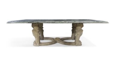 A French carved limestone table, Of 17th century style, 19th century, With lion monopodia united ...