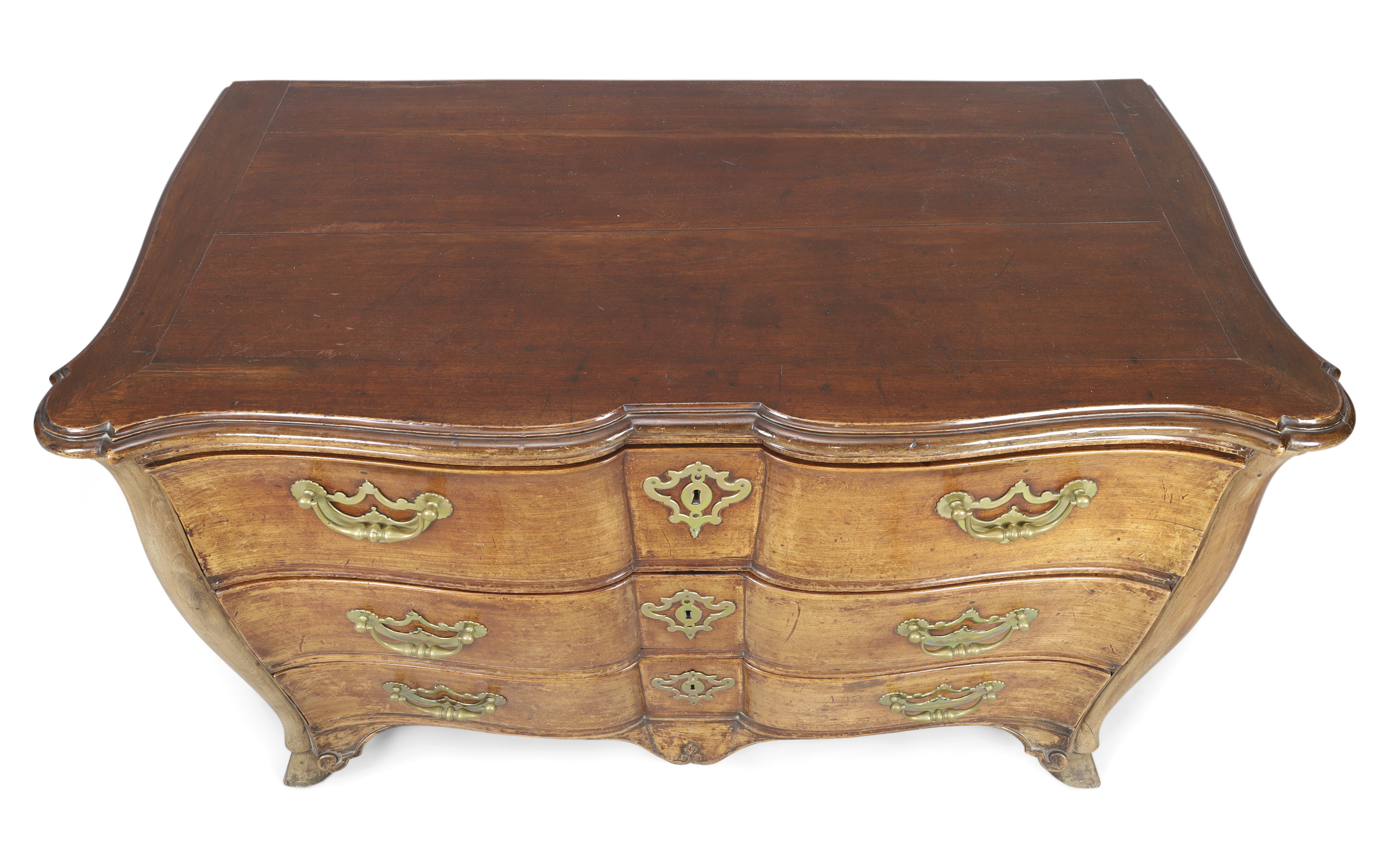 A provincial Louis XV mahogany commode, Second quarter 18th century, With three long drawers, on ... - Image 3 of 4