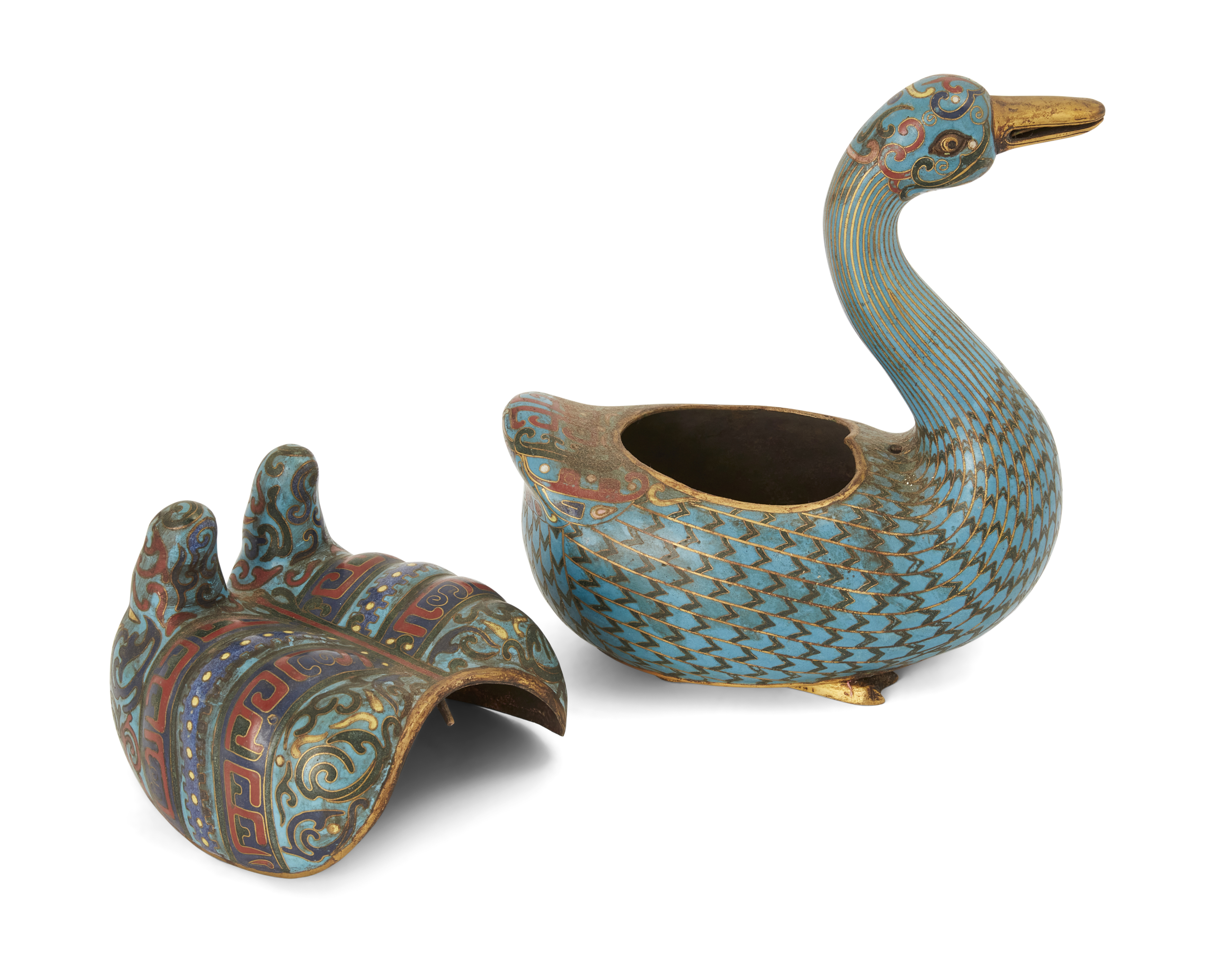 A pair of Chinese gilt-metal and cloisonné goose-form incense burners, Daoguang period (1821-1850... - Image 2 of 2