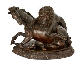 A bronze group of a lion attacking a horse, After the Antique, South German or North Italian, 17t...