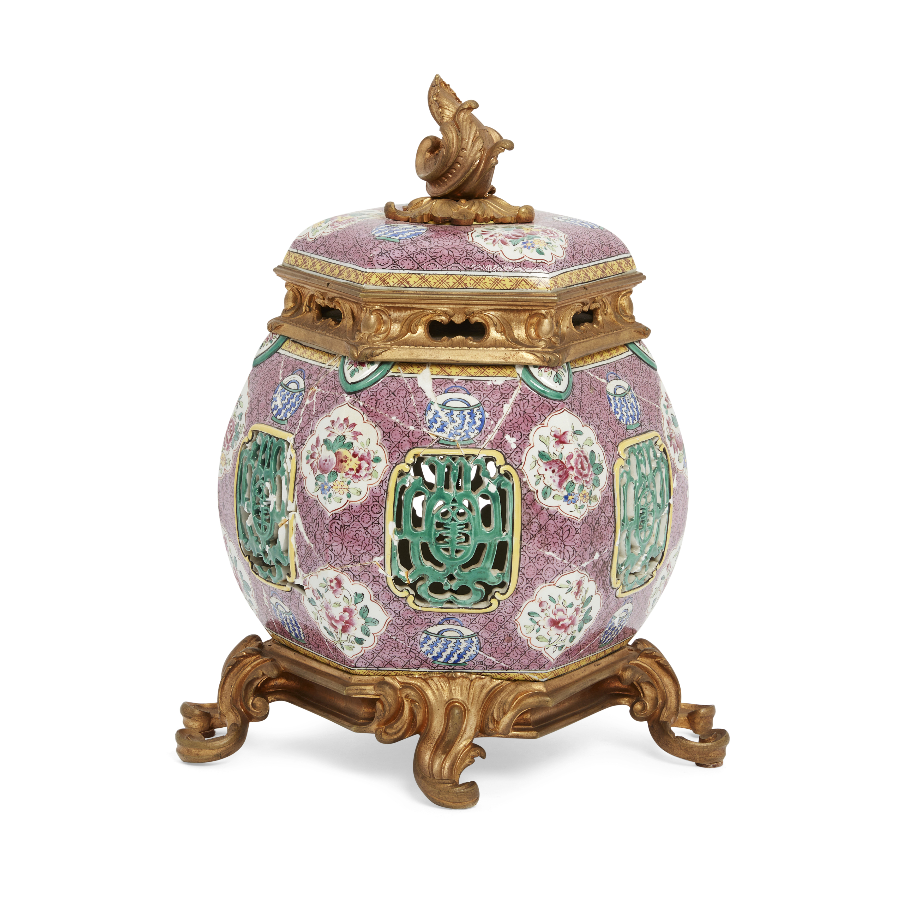 A Continental gilt-bronze mounted porcelain purple-ground hexagonal pot-pourri jar and domed cove...