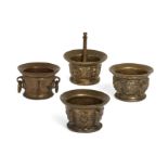 A bronze Spanish mortar, 16th century, With ring handles, 8.3cm high; together with three Spanish...