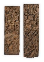 Two Flemish oak relief panels depicting the Adoration of the Magi and Christ on the Road to Calva...
