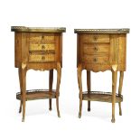 A near pair of French rosewood crossbanded walnut and marquetry oval side chests, Last quarter 19...