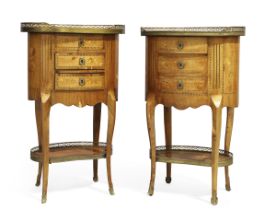 A near pair of French rosewood crossbanded walnut and marquetry oval side chests, Last quarter 19...