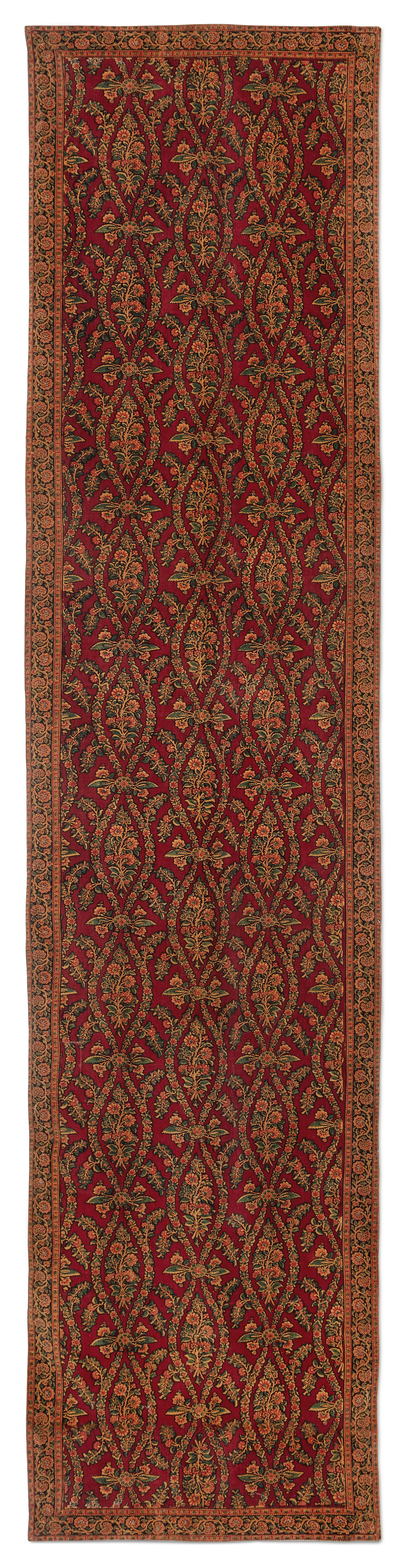 A Qajar European-style silk velvet panel, Iran, c.1890, Of rectangular form, with a series of ogi...