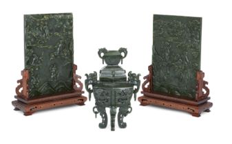 A pair of Chinese spinach jade table screens and a similar archaistic vessel and cover, fang ding...