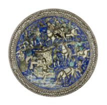 A large moulded and polychrome figural pottery tile roundel, Isfahan or Tehran, Iran, c.1880, Dep...