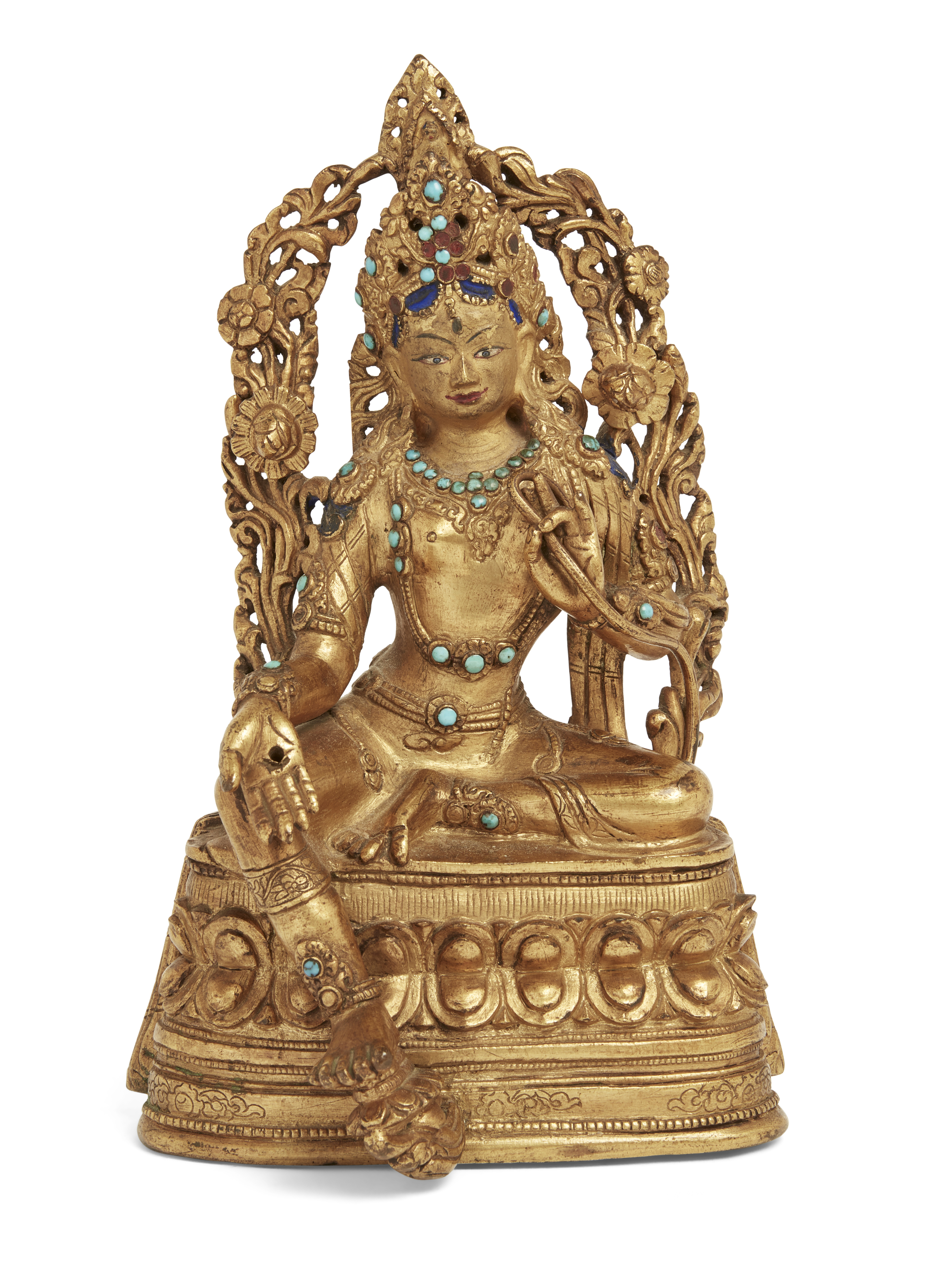 A Sino-Tibetan gilt-bronze ‘jewelled’ figure of Tara, 20th century, Cast seated in lalitasana on ...