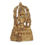 A Sino-Tibetan gilt-bronze ‘jewelled’ figure of Tara, 20th century, Cast seated in lalitasana on ...