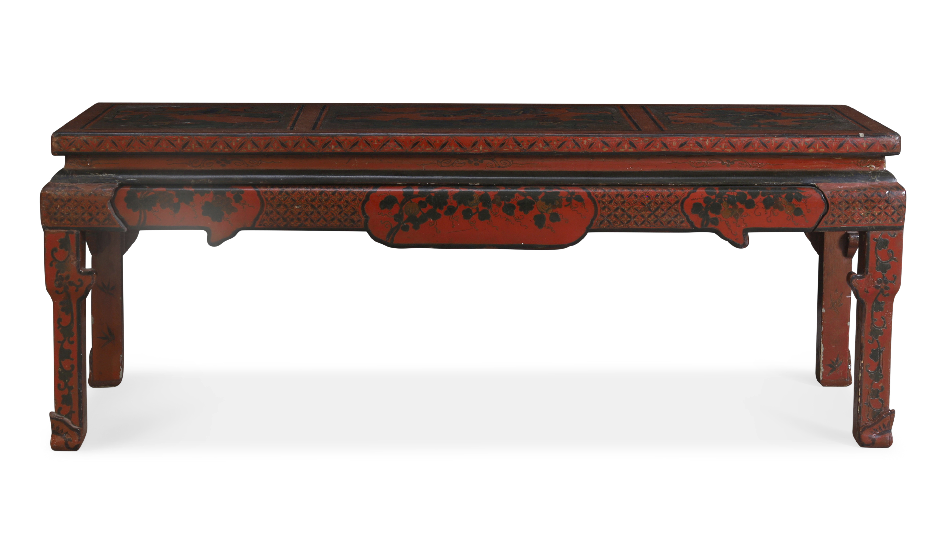 A Chinese red lacquer rectangular table, Late Qing dynasty, The top surface painted and incised w... - Image 2 of 4