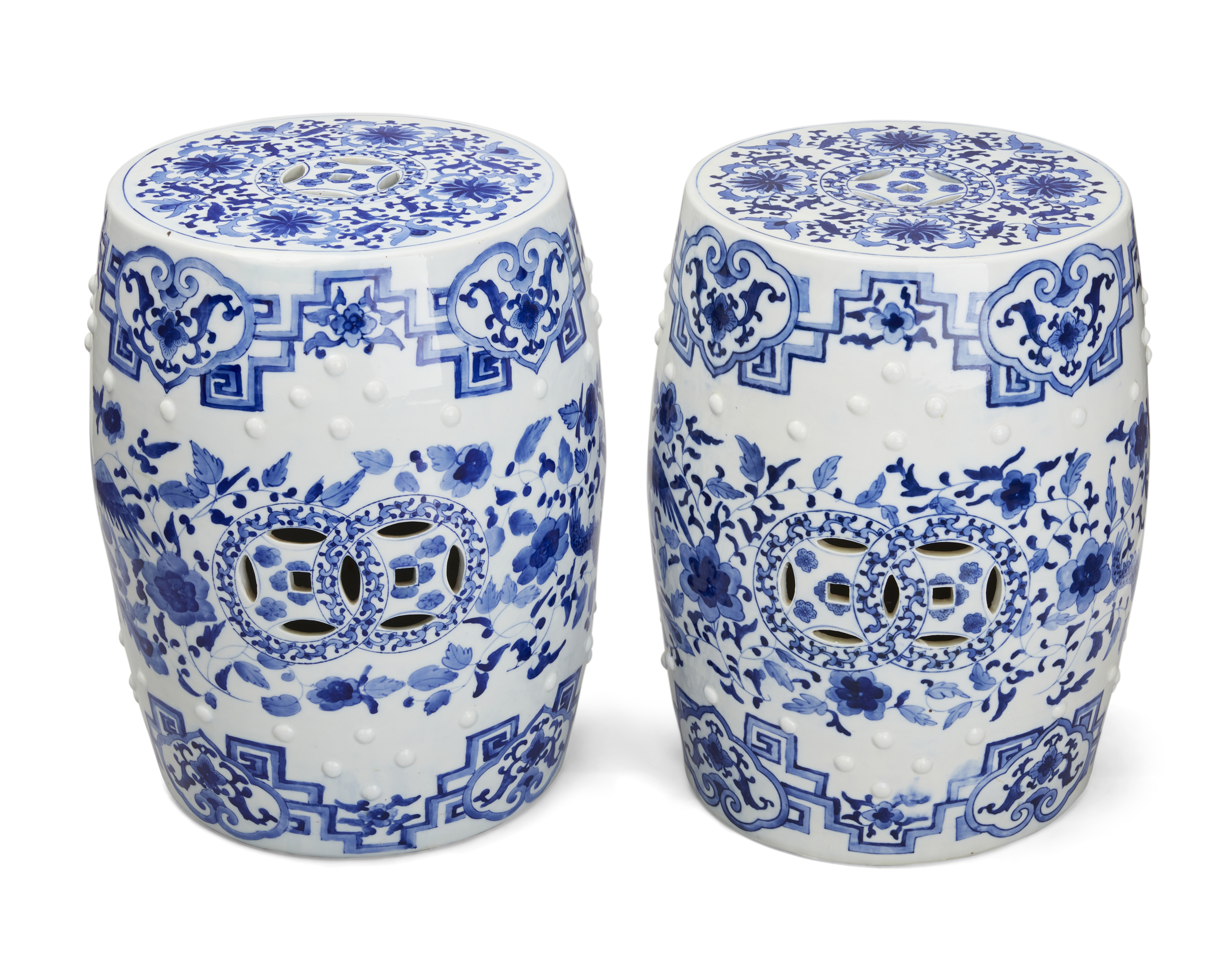 A pair of Chinese blue and white barrel-form stools, 20th century, Pierced with cash motifs to th... - Image 2 of 2