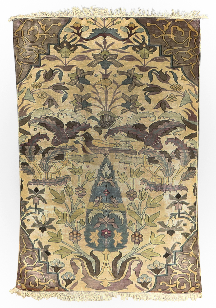 A Persian silk Fereghan rug fragment, Last quarter 19th century, With geometric floral design, on...