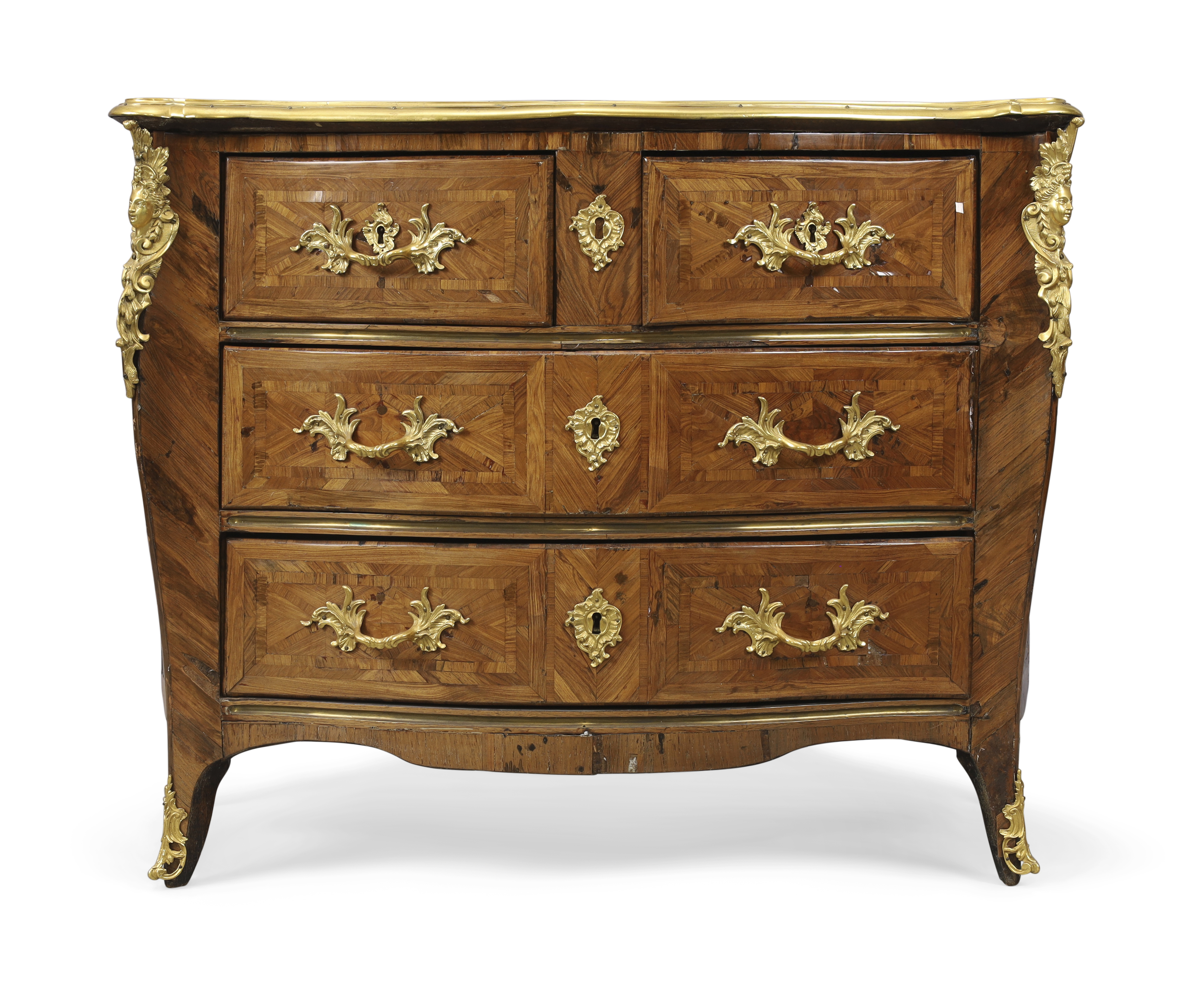 A Louis XV ormolu-mounted kingwood parquetry serpentine commode, By Guillaume Schwingkens, second...