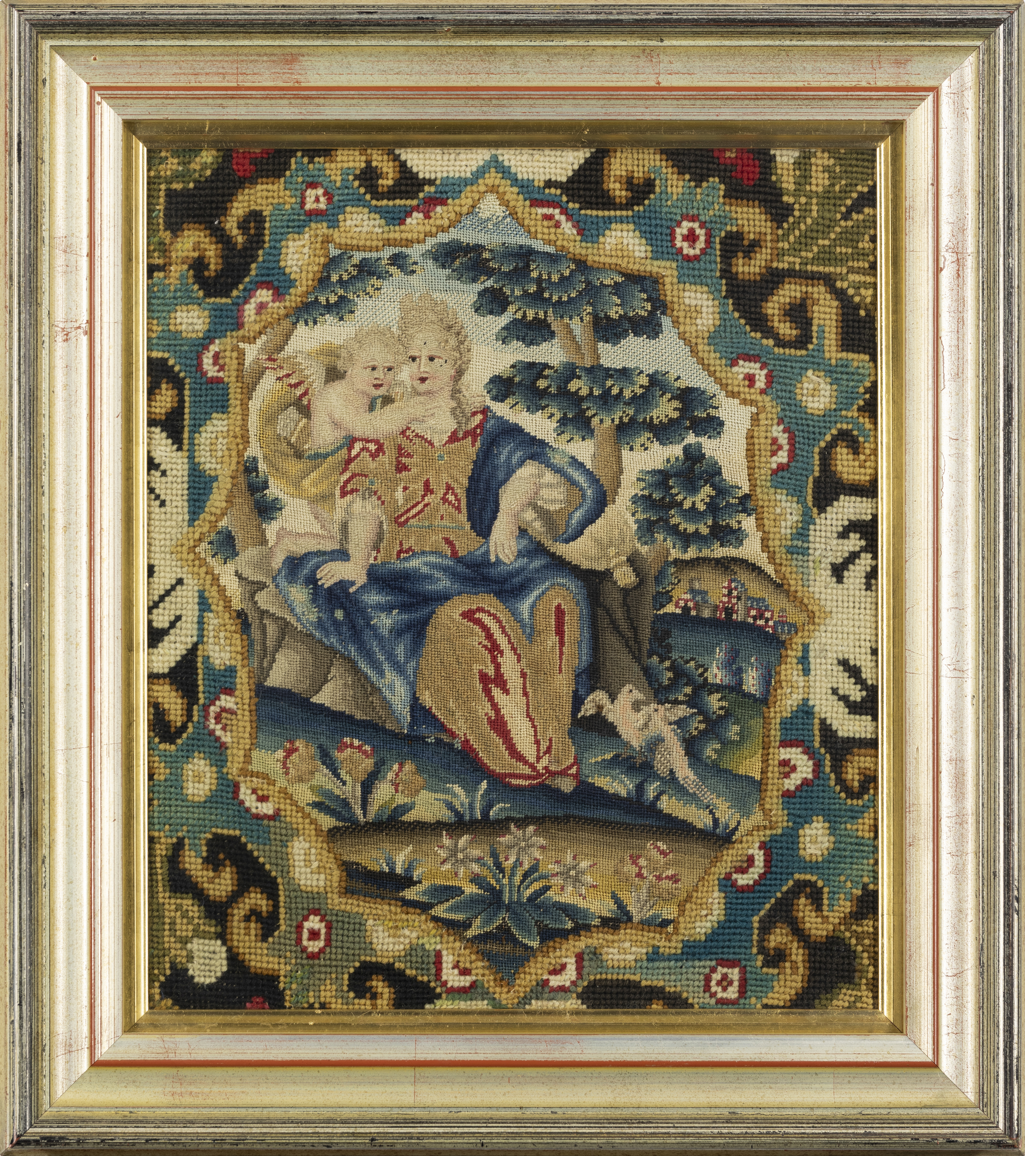 An English allegorical needlework fragment, First half 18th century, Worked in wools and silks, w... - Image 2 of 2