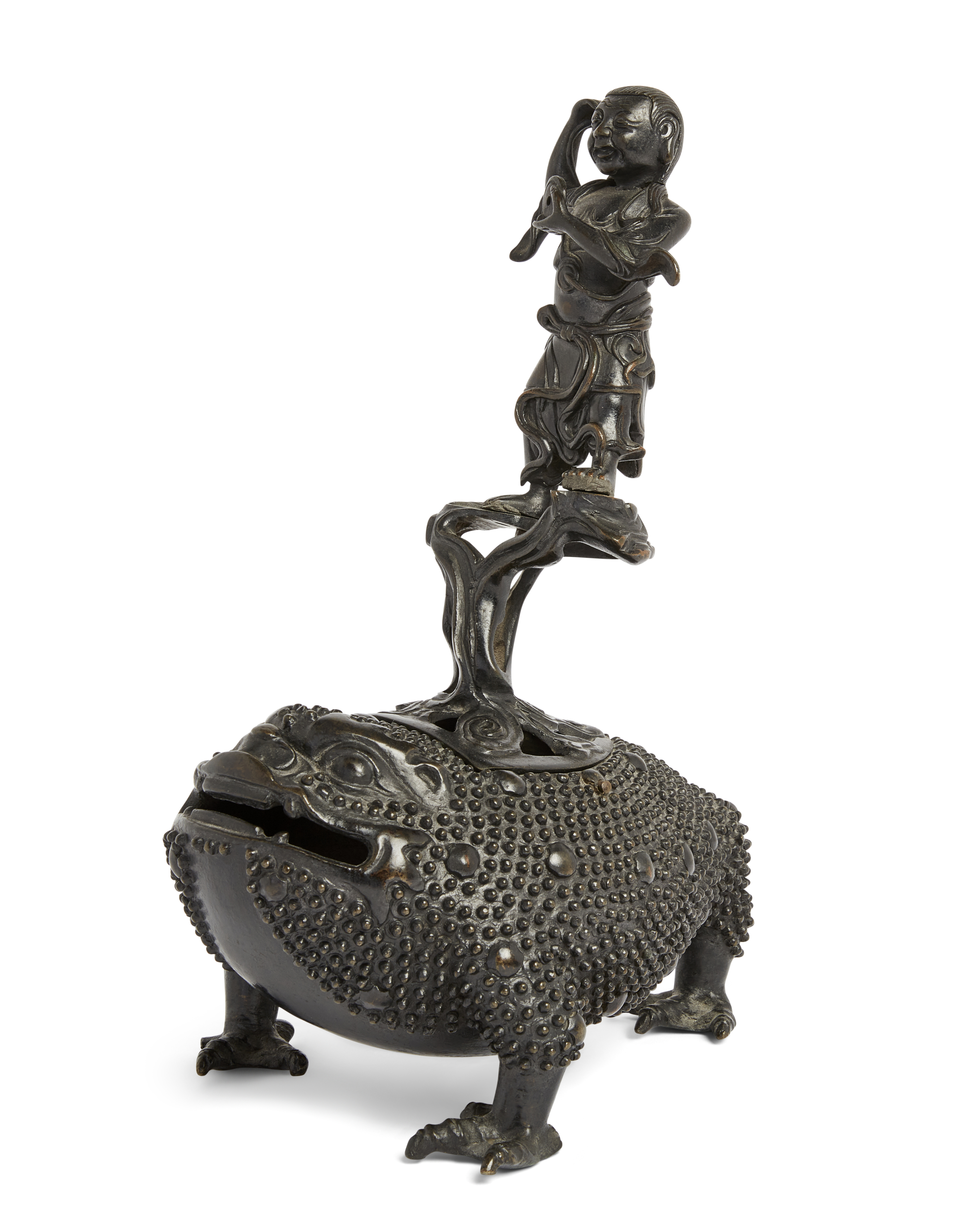 A Chinese bronze ‘Liu Hai’ censer, Ming dynasty, 17th century, The censer cast as a three-legged ...