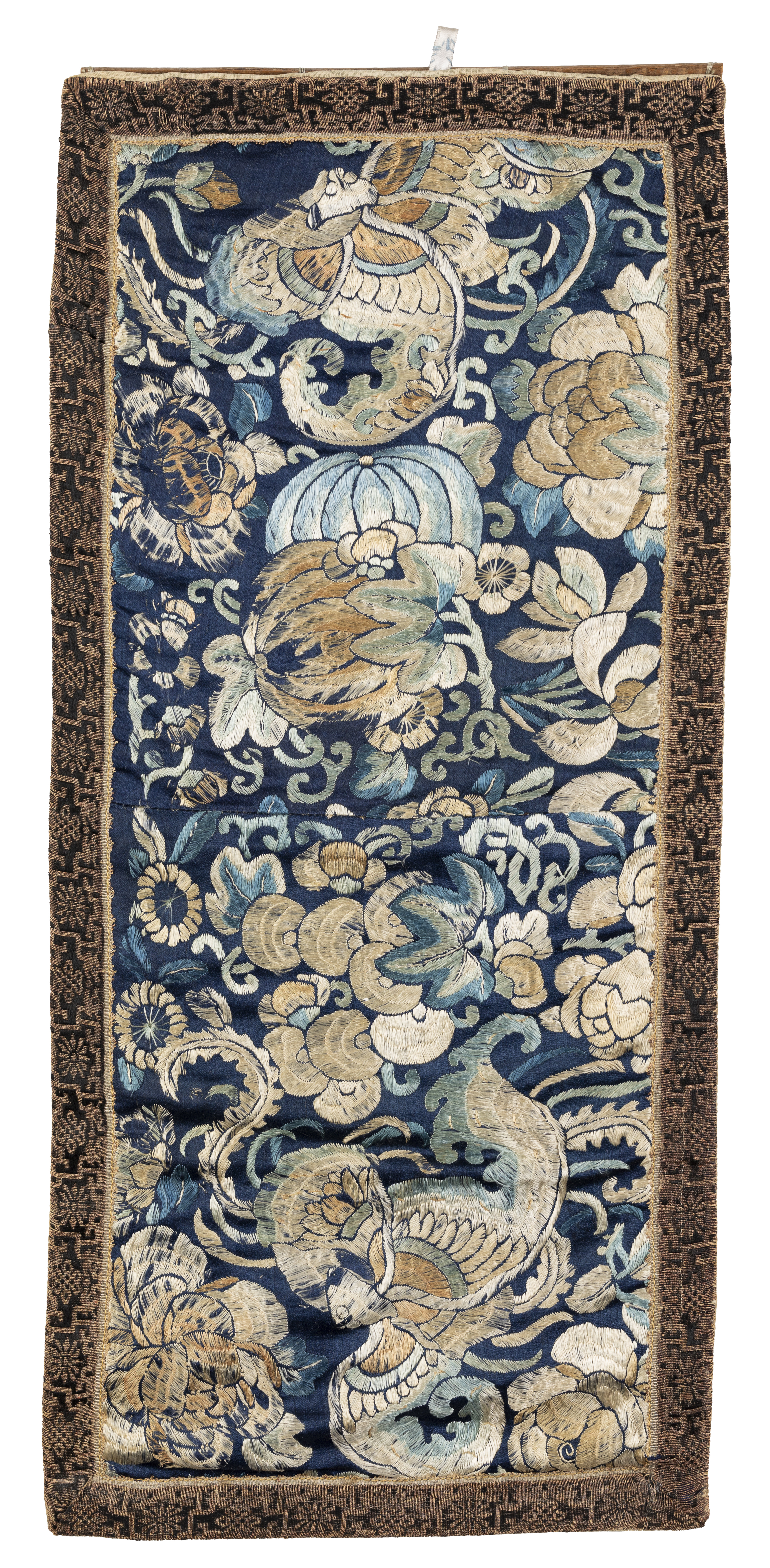 A Chinese silk embroidered panel, Late Qing dynasty, Decorated with fruit and butterflies, 53.5 x...