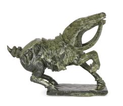 A large Chinese green hardstone carving of a rearing caparisoned horse, 20th century,  Carved wit...