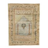 A Persian silk Tabriz prayer rug, Last quarter 19th century,  The mihrab field with central wreat...
