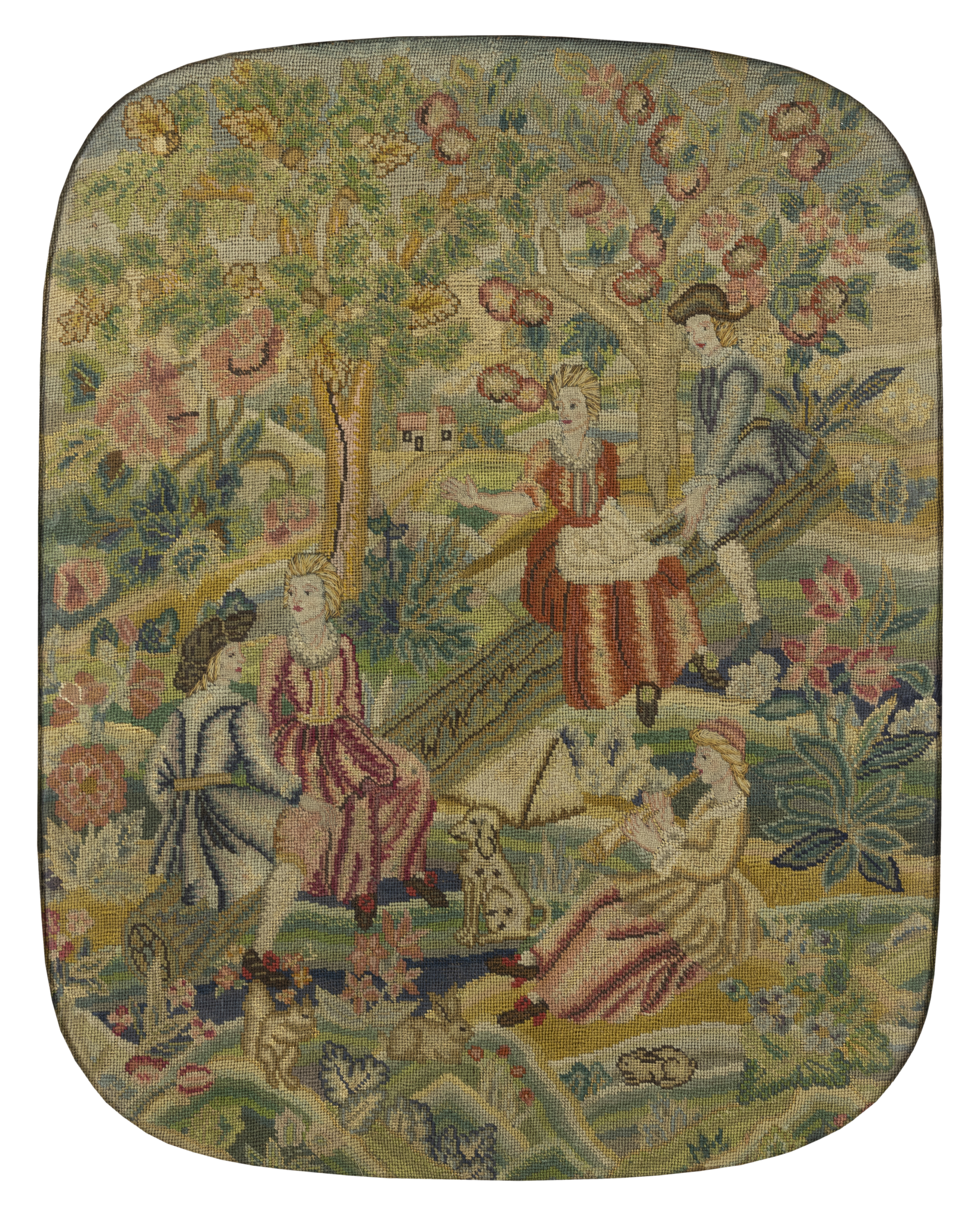 An English needlework panel, Of 18th century style, early 20th century,  Worked in wools and silk...