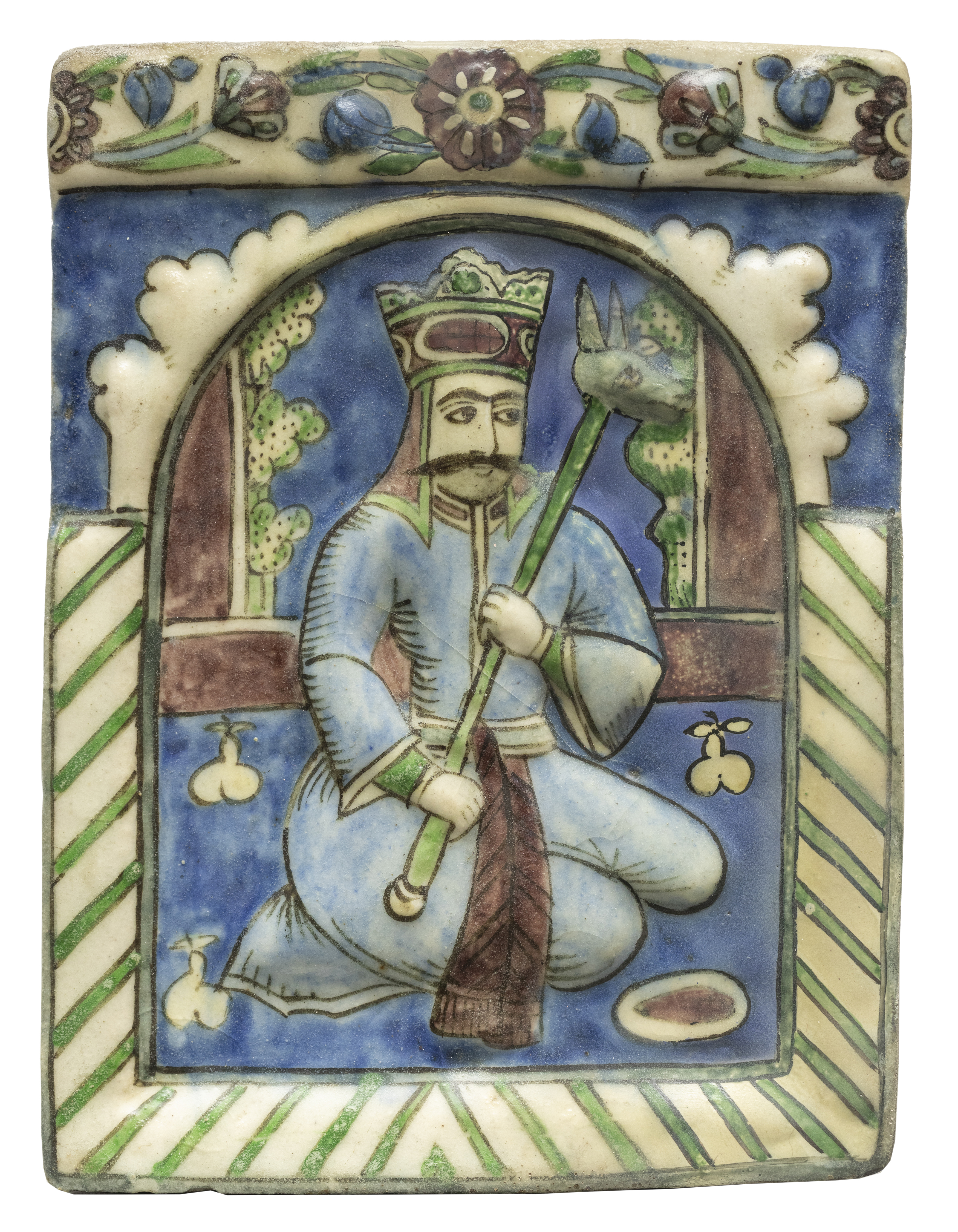 Five figural, polychrome moulded pottery tiles, Qajar Iran, c.1890, The first of rectangular form... - Image 5 of 6