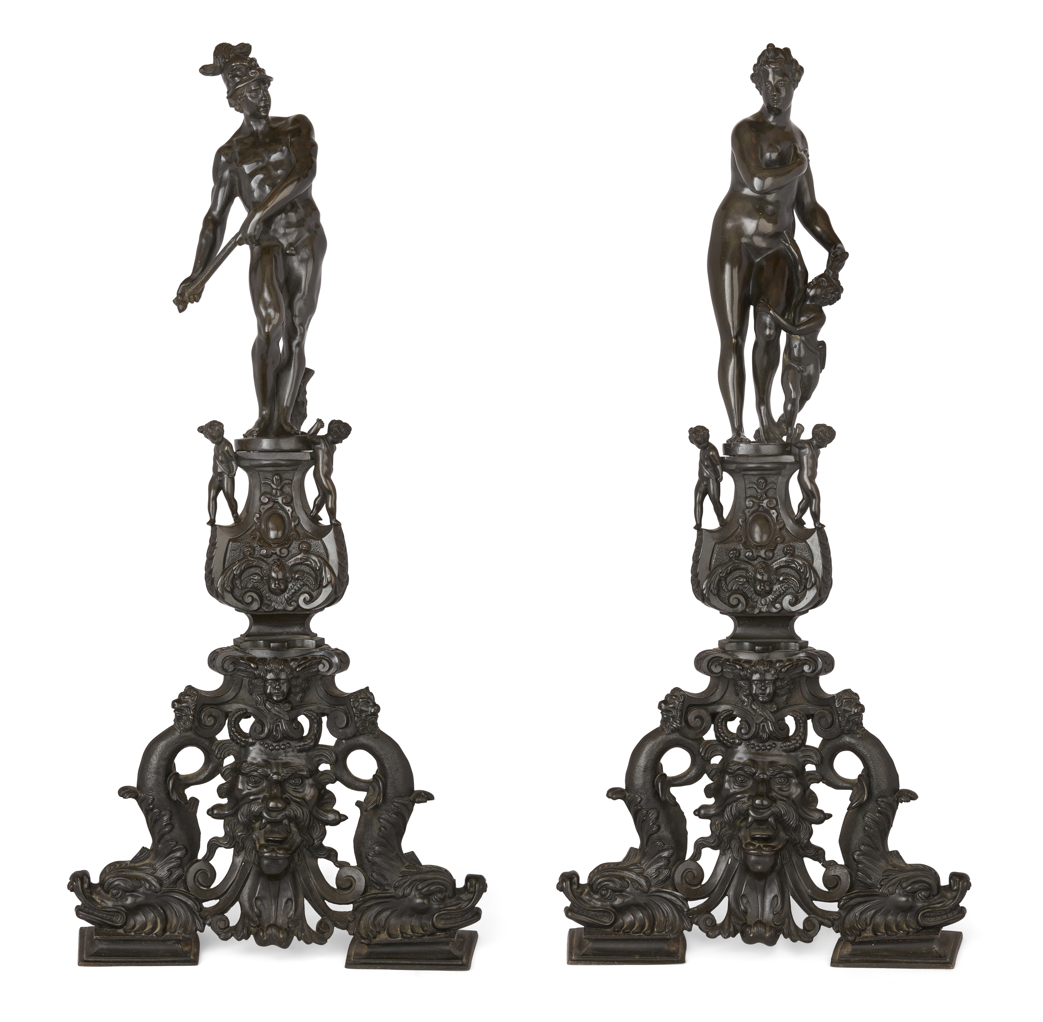 A pair of large Italian figural andirons, 19th century, in the manner of Girolamo Campagna, 1550-...