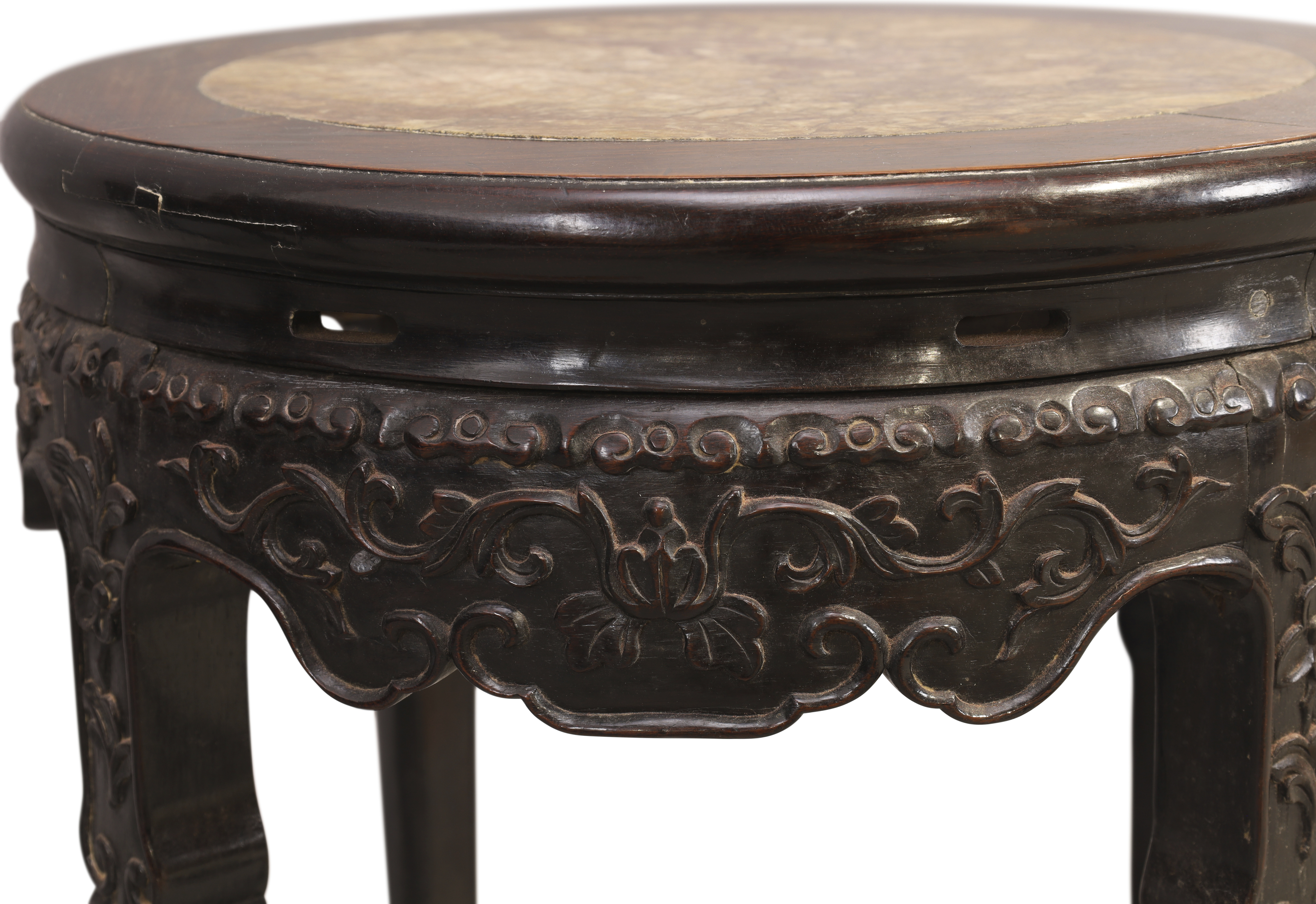 A pair of Chinese hongmu circular stools, Qing dynasty, 19th century, The circular marble inset t... - Image 4 of 4